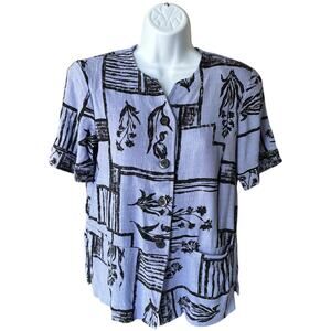 Dress Barn 90s Rayon Crepe Button Blouse Lavender Black Abstract Print USA Sz 8